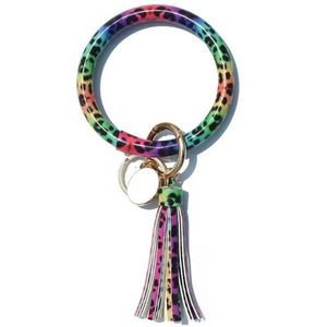 Rainbow Leopard Vegan Leather Tassel Bangle Keychain~~NWOT